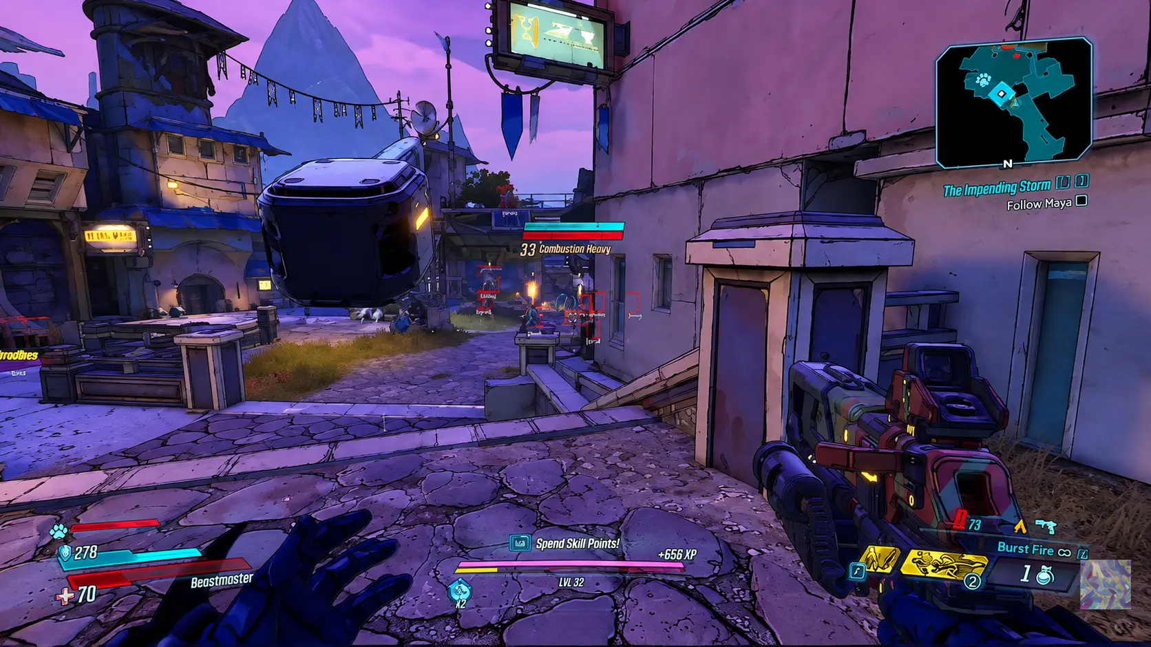 Cel-shaded Borderlands 3 twilight settlement showdown between armed characters