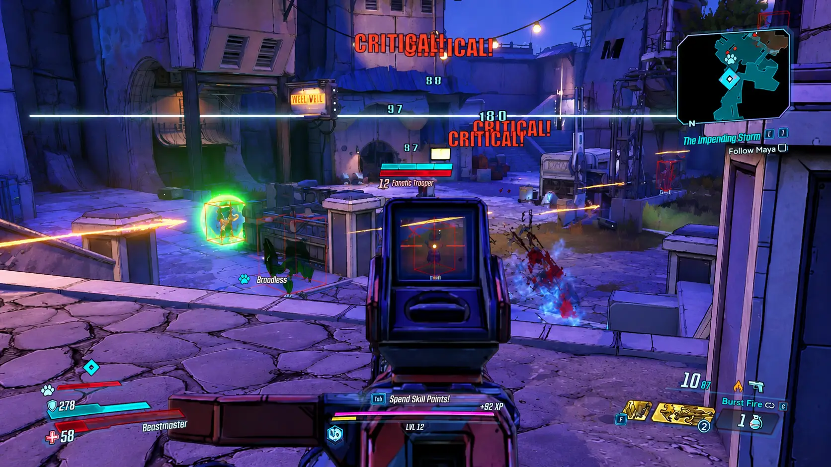 Cel-shaded sci-fi courtyard battle in Borderlands 3 with explosive combat