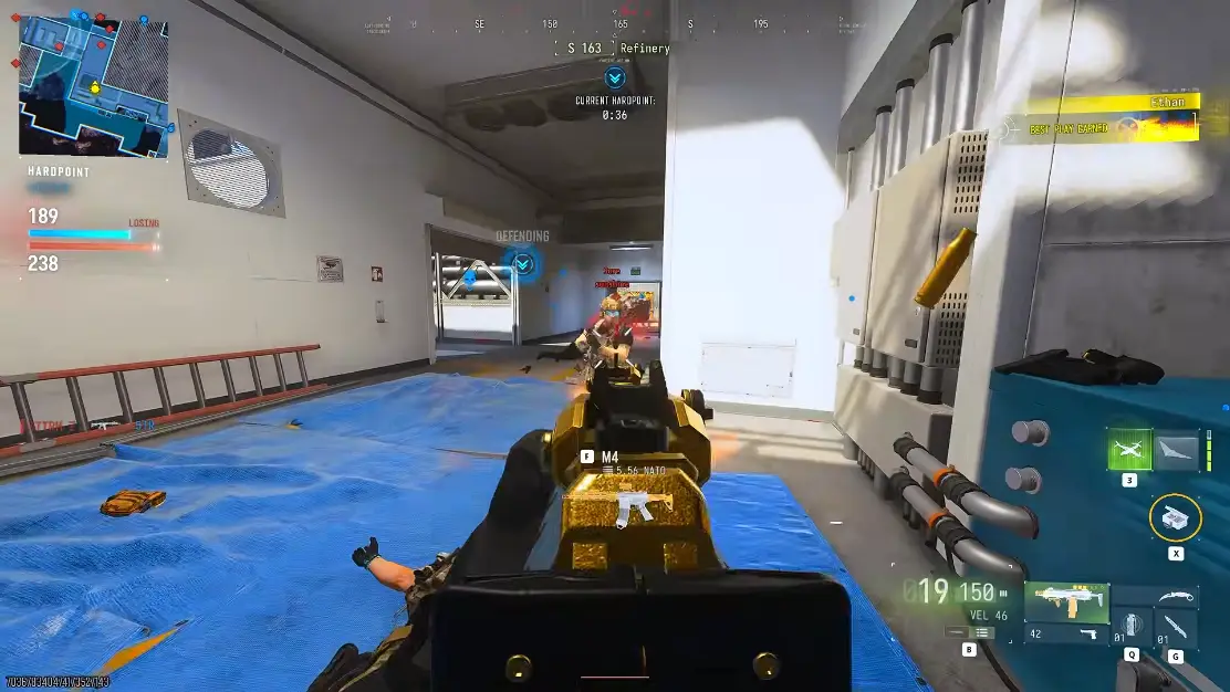 First-person Modern Warfare 4 gunfight with kill feed and minimap